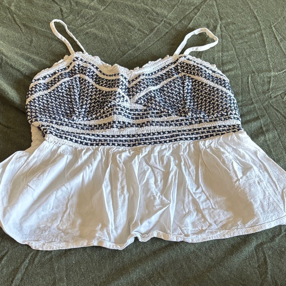 Old Navy White and Navy Embroidered Peplum Cami